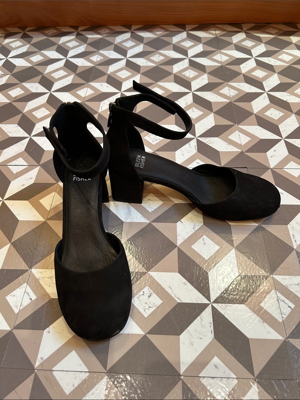 Eileen Fisher black suede ankle strap shoes
